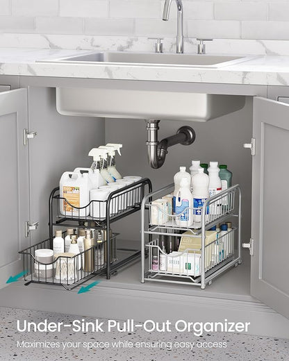 SONGMICS 4-Tier Pull Out Cabinet Organizers, Under Sink Organizer, Bathroom Organizer and Storage, Sliding Basket Drawers, Stackable for Kitchen, Bathroom, Ink Black UKCS017B02