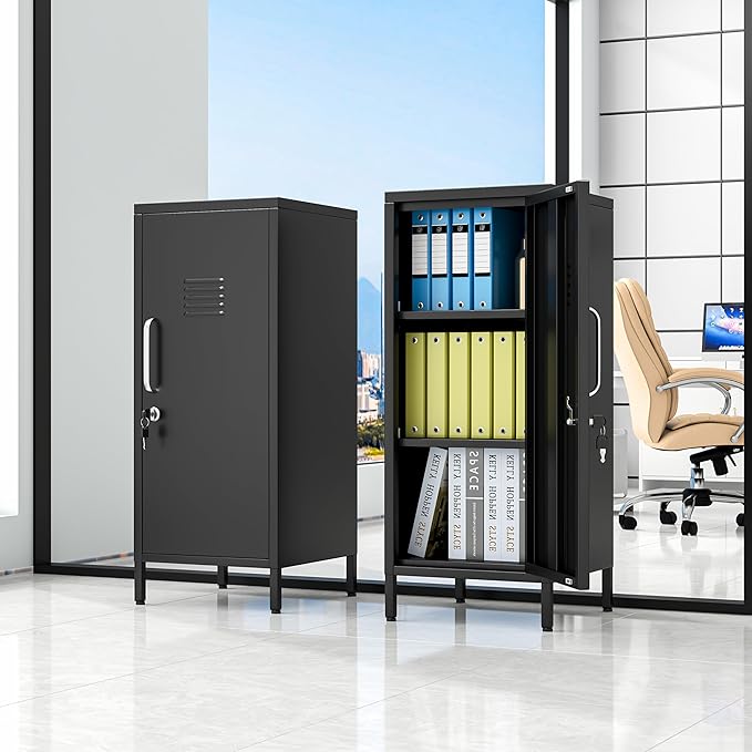 35.43" Metal Storage Locker with Lockable, Metal Steel Locker for Employees with 1 Door ＆ 2 Adjustable Shelves, Small Locker Storage Cabinets for Home, School, Office, Gym (Black)