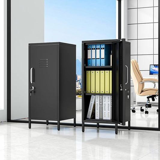 35.43" Metal Storage Locker with Lockable, Metal Steel Locker for Employees with 1 Door ＆ 2 Adjustable Shelves, Small Locker Storage Cabinets for Home, School, Office, Gym (Black)