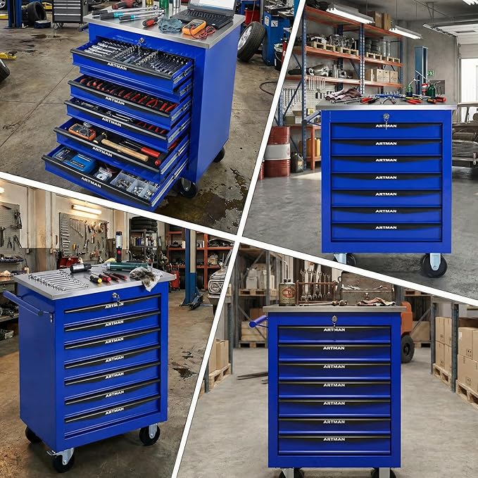 7-Drawer Rolling Tool Chest with Stainless Steel Countertop,Tool Chest with Secure Locking System,Mobile Storage Tool Cabinet with 360°Wheels and Padded Feet,for Home,Garage (Blue)