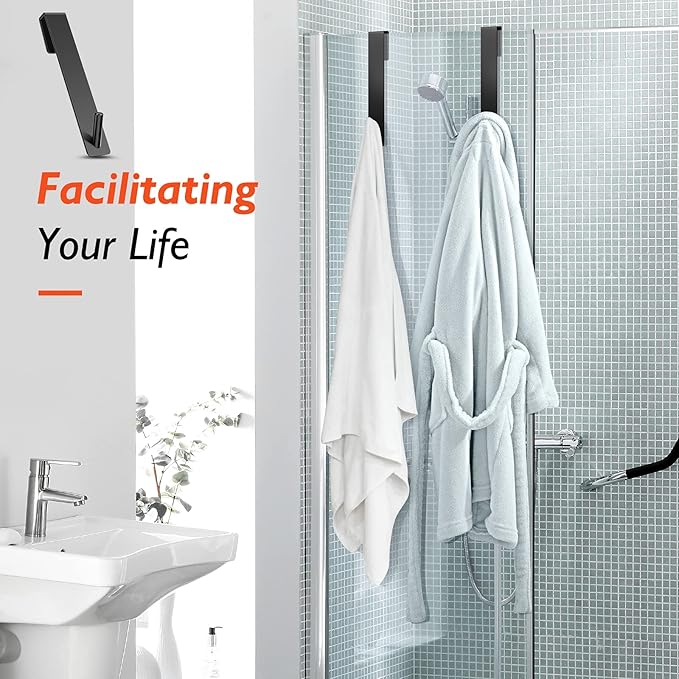 Shower Door Hooks(7.5 Inch),Extended Over Door Hooks for Bathroom Frameless Glass Shower Door,Stainless Steel Towel Hooks,Heavy Duty Rack Hooks for Robe,Towel-2 Pack-Black