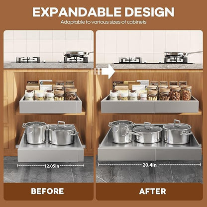 2Pack Expandable Pull Out Cabinet Organizer 21"Deep With Raising Pad for Framed Cabinets, Upgrade 3 Slide Rails Slide Out Drawers,Roll Out Shelves Adhesive,Adjustable Width 12.05"-20.4"Silver