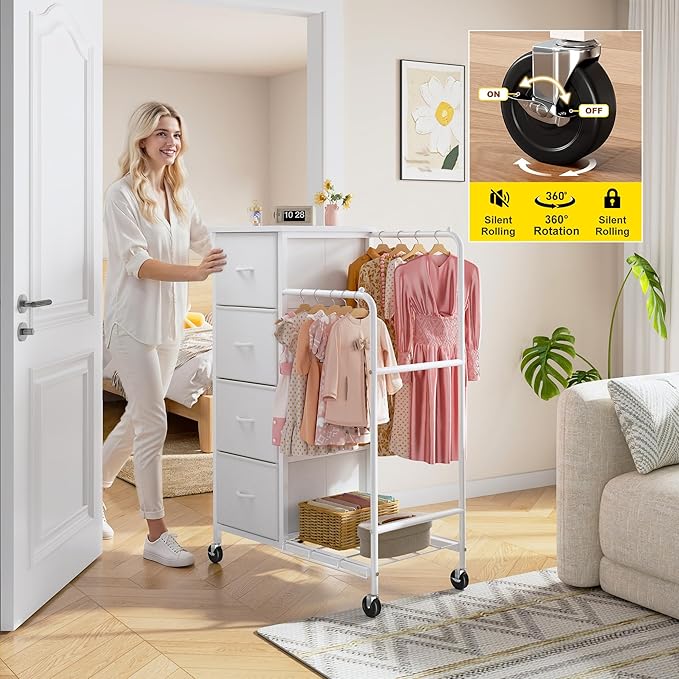 47.3" H Dresser with Hanging Rack, 4 Fabric Drawers with Double Clothes Rack & Wheels, Tall Closet Organizer Dresser for Bedroom, Entryway, White, 15.8" D x 29.9" W x 47.3" H