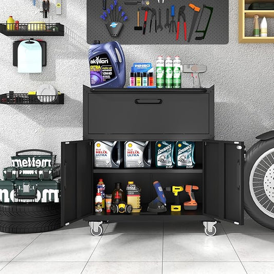 Metal Storage Cabinet with Wheels, Lockable Garage Storage Cabinet with 2 Doors and 1 Drawer, Rolling Tool Cabinet, Assembly Required, Black