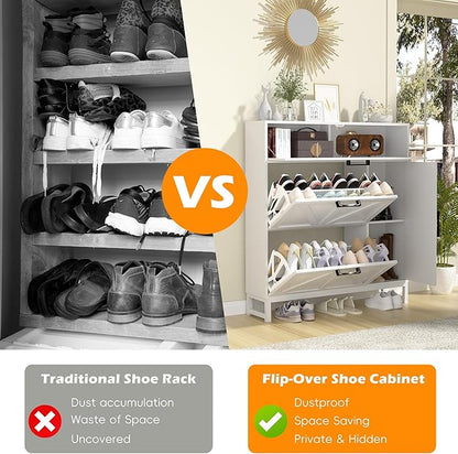 Betterhood Shoe Cabinet for Entryway with 2 Flip Drawers, Slim Freestanding Shoe Rack Organizer, Entryway Shoe Cabinet with Open Storage for Foyer and Hallway, White