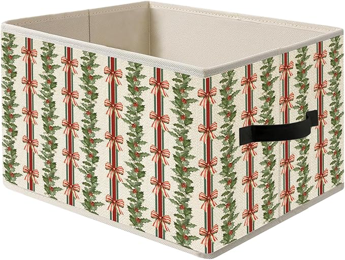 Red and Green Coquette Bow Holly Striped Christmas Storage Bin Box with Handles, Vintage Holiday Christmas Foldable Organizer Basket Toybox for Girls Room Bedroom Bathroom Clothes Toys Books