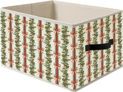 Red and Green Coquette Bow Holly Striped Christmas Storage Bin Box with Handles, Vintage Holiday Christmas Foldable Organizer Basket Toybox for Girls Room Bedroom Bathroom Clothes Toys Books