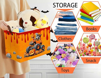 Large Halloween Themed Candy Gift Boo Basket for Kids Baby Personalized Adults Storage Bin Fall Decor(Skeleton Monster Truck)