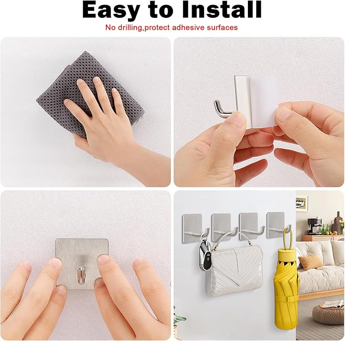 Livabber Adhesive Towel Hooks, 304 Stainless Steel Self Sticky Wall Hooks Waterproof Shower Hooks for Robe/Clothes, No Drilling Towel Hangers for Bathroom Kitchen Bedroom (Brushed Nickel, 10 Packs)