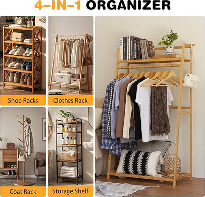 Bamboo Clothing Garment Rack 2 Tier Storage Shelf Coat Clothes Hanging Rack, Portable Wardrobe Closet Organizer With Top Shelf, Shoe Storage Shelves for Bedroom (Natural - 31.5 in)