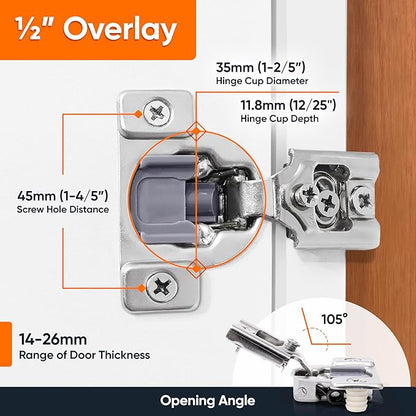 DecoBasics 40 Pack(20 Pair) 1/2" Overlay Soft Close Cabinet Hinges for Kitchen & Bath - Concealed Soft Close Hinge for cabinet Door w Self Closing Damper -Easy Upgrade -Stainless Steel Last a Lifetime
