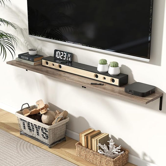 Fun Memories Deep Floating Shelves, 32W x 8D Floating Shelves Set of 2, Wall Mounted Shelf with Metal Brackets, Rustic Wood Wall Shelf for Bathroom, Kitchen and Living Room, Grey