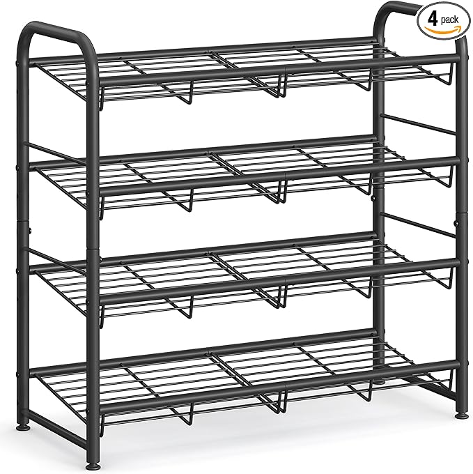 SONGMICS 4 Tier Shoe Rack, Stackable Storage Rack, Up to 16 Pairs, Metal, 68.5 x 27.5 x 65 cm, for High Heels, Sneakers, Slippers, in Entrance, Black LMR067B01