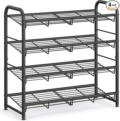 SONGMICS 4 Tier Shoe Rack, Stackable Storage Rack, Up to 16 Pairs, Metal, 68.5 x 27.5 x 65 cm, for High Heels, Sneakers, Slippers, in Entrance, Black LMR067B01