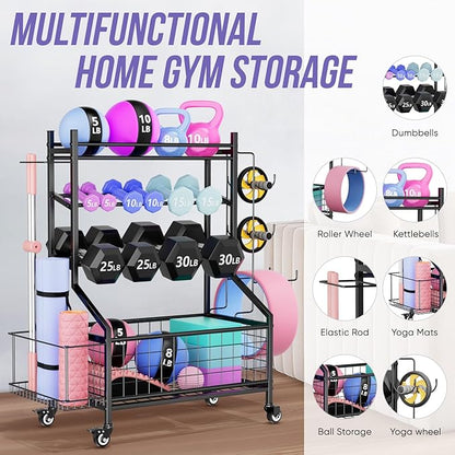 WUC Dumbbell Rack, Adjustable Weight Rack for Home Gym Storage, All-in-One Workout Storage Racks with Wheels and Hooks for Dumbbells, Kettlebells, Yoga Mats & Balls, Durable Powder Coated Steel, Black
