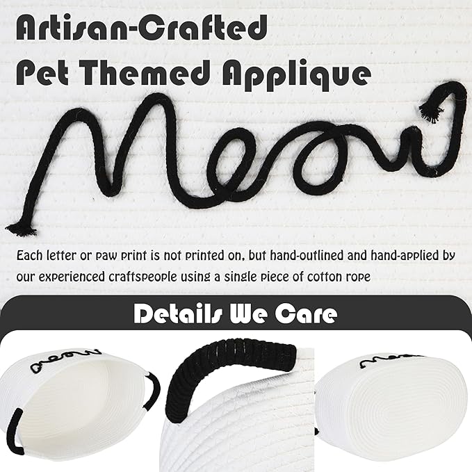 Sea Team Cat Toy Storage Basket with Handles, 16.5 x 11 x 7 Inches, 4.4 Gallons Large Cotton Rope Storage Bin, Shelf Basket, Organizer for Pet Chew Toys, Foods, White Meow