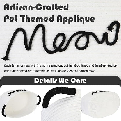 Sea Team Cat Toy Storage Basket with Handles, 16.5 x 11 x 7 Inches, 4.4 Gallons Large Cotton Rope Storage Bin, Shelf Basket, Organizer for Pet Chew Toys, Foods, White Meow