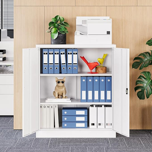 MIIIKO Lockable Storage Cabinet, Small Metal Garage Cabinet with Doors and Shelves, 35.4" Height Base Locker Cabinets 2 Doors