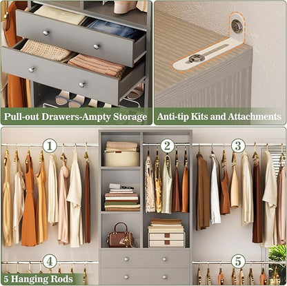 Closet System, 4.2–8.8 FT Closet Organizer with 2 Wooden Drawers and Shelves, Walk-in Closet System with 5 Hang Rods, Built-in Closet Tower, Can Fit 60 to 96 inch, Morandi Grey