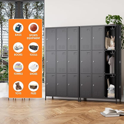 Aobabo 9 Doors Metal Storage Locker for Employees, Metal Locker with 27 Hooks for School Office Gym Garage, Black, Assembly Required