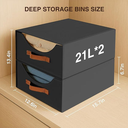 Large Stackable Storage Bins - Fabric Pull-out Closet Shelf Organizer, Linen Closet Organizers and Storage, Decorative Storage Boxes for Bedroom, Office, Dorm, 3 Pack, Black