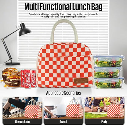 Lunch Bag Women/Men Lunch Box Women/Men (Red+Beige Checkerboard)