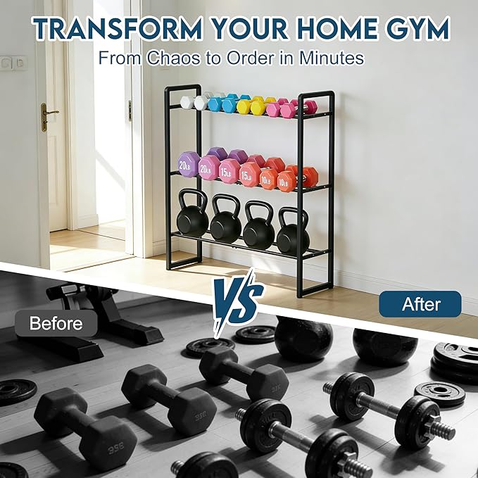 LOFTEY 3 Tier Adjustable Dumbbell Rack, 330 lbs Capacity Metal Weight Storage Rack, Space-Saving Home Gym Storage for Kettlebell & Free Weights, Dumbbell Stand Only