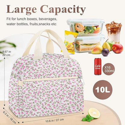 Lunch Box for Women, Cute Flower Corduroy Insulated Lunch Bag Women Reusable Work Leakproof Simple Adults Large Lunch Boxes Tote Bag Men Cooler Bag