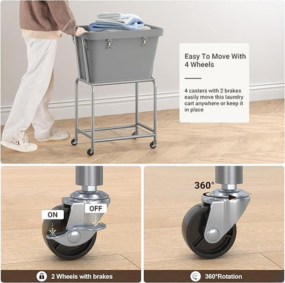 ELYKEN Rolling Laundry Hamper with Wheels, Laundry Cart with Removable Bag, Heavy Duty Metal Frame, 2-Tier Clothes Basket Hamper with Shelf for Closet, Bedroom, Bathroom, Laundry Room, Gray