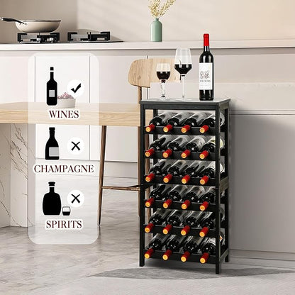 VASMIA Wine Rack Freestanding Floor, 6-Tier Display Wine Storage Shelves with Table Top, 24-Botttle Bamboo Wine Rack Shelf for Kitchen Bar Dining Room Living Room, Black