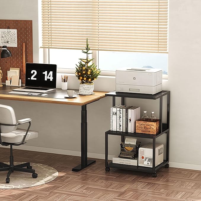 Mexin Black Printer Stand-Small 3 Tier Printer Table with Wheels, Industrial Rolling Printer Cart with Storage Shelf for Scanner Fax Home Office Use,17.5 x 11.8 Inches