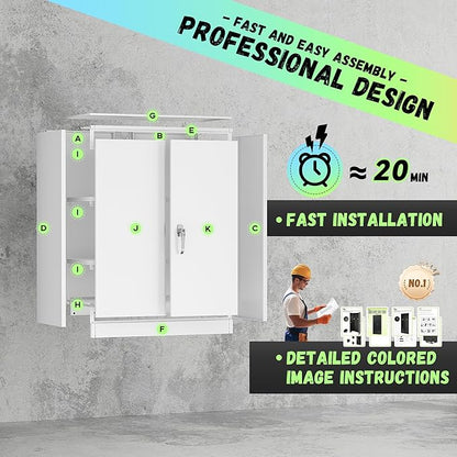 Bonusall Metal Garage Storage Cabinet, 36" H Locking Cabinets with 2 Adjustable Shelves,2 Door Small Pantry Storage for Home Office, Kitchen, Bathroom(White)