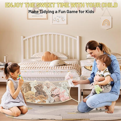 2 Pack Stuffed Animal Storage Net for Kids, Bedside Toy Organizer Net - Neatly Store Your Stuffed Animals, Cotton Bedside Stuffed Animal Storage Net with Tether, Stretches up to 35 Inches, Beige