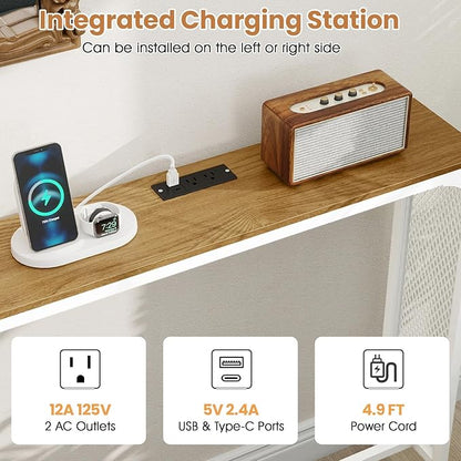 Giantex 71" Narrow Console Table with 2 Power Outlets and USB-C Ports, Sofa Tables with Charging Station & Metal Frame, Skinny Behind Couch Tables, Long Entryway Tables for Living Room, Natural+White