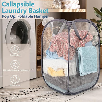 BATTOO Deluxe Strong Mesh Pop up Laundry Hamper Basket with Side Pocket for Laundry Room, Bathroom, Kids Room, College Dorm or Travel 3 x Grey