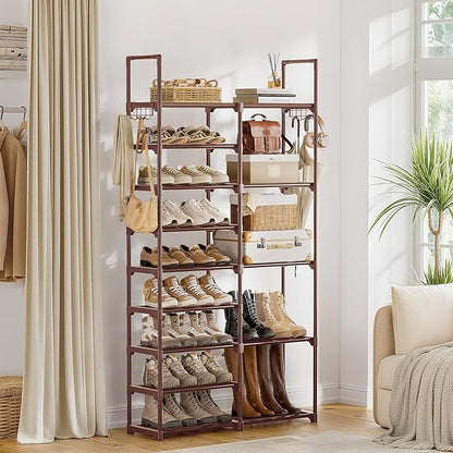 WOWLIVE 9 Tiers Large Shoe Rack Brown Shoe Rack Organizer for Closet 30-35 Pairs Stackable Heavy Duty Shoe Shelf Shoe Storage with Metal Pipes Plastic Connectors
