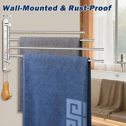 NearMoon Swivel Towel Rack, 19.5" Thicken 304 Stainless Steel 4-Arm Towel Bar, Space Saving Wall Mounted Towel Holder with Hook, Rustproof Swing Out Towel Hanger for Bathroom, Kitchen (Chrome Finish)