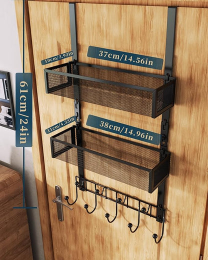 Consumest Over The Door Hooks Organizer - Extra Long Door Hanger with 9 Coat Hooks & 2 Mesh Basket, Back Storage Organizer Hanging Towels for Bathroom, Bedroom, Black (for 1.76 in Doors)