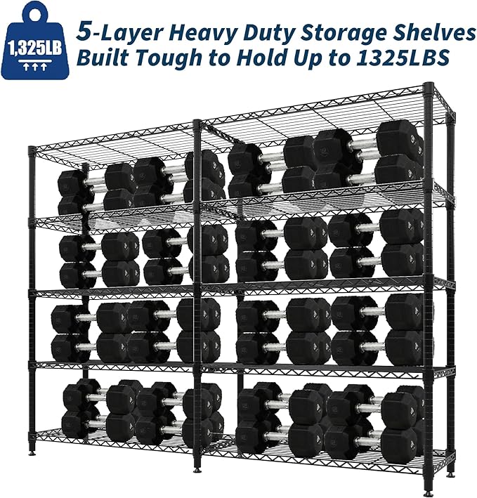 5-Tier Metal Storage Shelves, Adjustable Wire Shelving Unit for Garage, Pantry, Basement & Kitchen, Heavy-Duty Shelf Organizer with Double-Row Design, 59" w x 13.8" d x 70.5" h, 265 Lbs Per Tier
