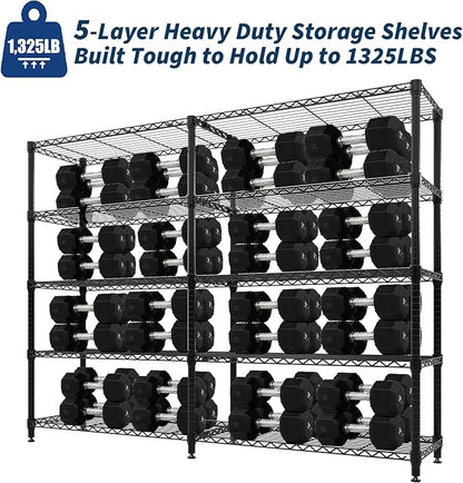 5-Tier Metal Storage Shelves, Adjustable Wire Shelving Unit for Garage, Pantry, Basement & Kitchen, Heavy-Duty Shelf Organizer with Double-Row Design, 59" w x 13.8" d x 70.5" h, 265 Lbs Per Tier