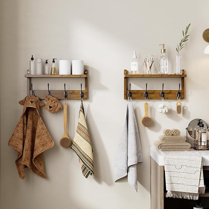 Coat Rack with Shelf Wall Mount, Entryway Bamboo Hanging Shelf, Set of 2, Wall Hook Rail for Hallway Décor, Storage Clothe, Hat, Robe, Key, Dog Leash (Walnut)