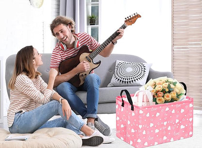 KUNRO Rectang Heart Pattern Valentine's Storage Basket Gift Shelf Basket Storage Bin, Nursery Basket Organizer Box for With Handles for Room Deco