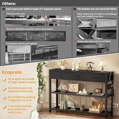 Ecopriso 47'' Entryway Table with Outlets and USB Ports, Console Table with 3 Drawers, Sofa Table Narrow Long with Storage Shelves for Living Room, Couch, Hallway, Foyer, Kitchen Counter, Black