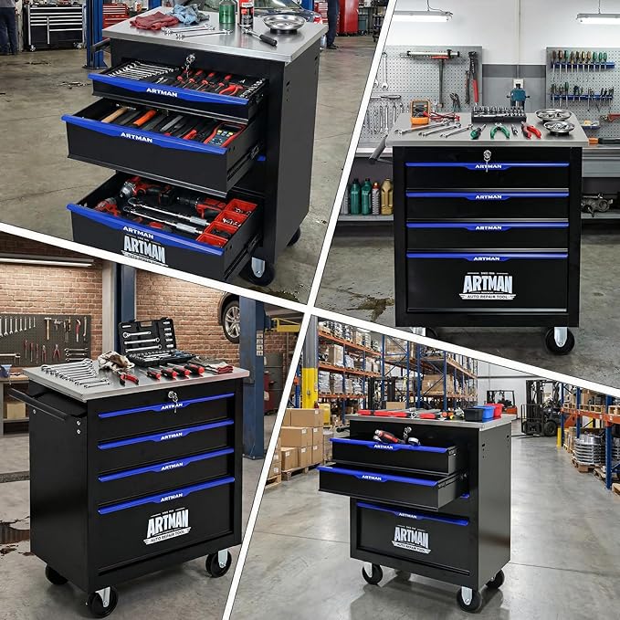 4-Drawer Rolling Tool Chest with Stainless Steel Countertop,Tool Chest with Secure Locking System,Mobile Storage Tool Cabinet with 360°Wheels and Padded Feet,for Home, Garage (Black+Blue)