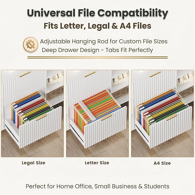 File Cabinet for Home Office, Fluted Filing Cabinet with 2 Drawers Fit Letter/Legal/A4 Folders with Tabs, Printer Stand with Lock & 2 Power Outlets, 6 Shelves (Set of 2, White)