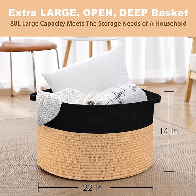Extra Large Storage Basket, 22" X 14" Blanket Storage for Living Room, Decorative Kids Dog Toy Bin Box, Big Woven Cotton Rope Baskets for Organizing, Farmhouse Blanket Pillow Holder Organizer
