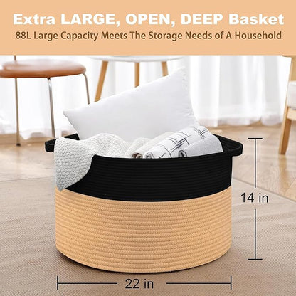 Extra Large Storage Basket, 22" X 14" Blanket Storage for Living Room, Decorative Kids Dog Toy Bin Box, Big Woven Cotton Rope Baskets for Organizing, Farmhouse Blanket Pillow Holder Organizer