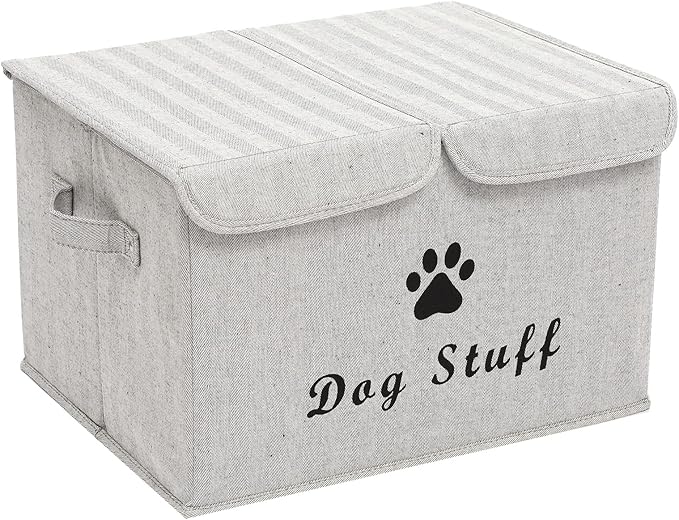 Large Dog Toys Storage Box Canvas Storage Basket Bin Organizer with Lid - Collapsible Linen Bin Ideal for Organizing Dog Cat Toys and pet Stuff-PP Boad-17" x 12" x 10" - Gray Stripe
