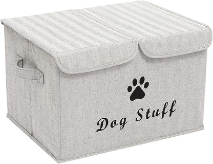 Large Dog Toys Storage Box Canvas Storage Basket Bin Organizer with Lid - Collapsible Linen Bin Ideal for Organizing Dog Cat Toys and pet Stuff-PP Boad-17" x 12" x 10" - Gray Stripe