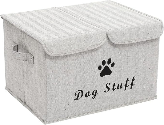 Large Dog Toys Storage Box Canvas Storage Basket Bin Organizer with Lid - Collapsible Linen Bin Ideal for Organizing Dog Cat Toys and pet Stuff-PP Boad-17" x 12" x 10" - Gray Stripe